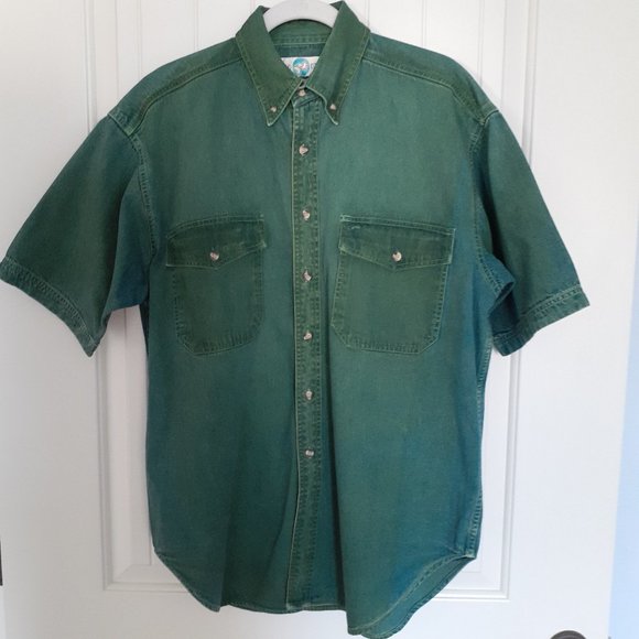 Vintage World Island Denim Button Up Short Sleeve Shirt with Green Dye Size L - Picture 1 of 15